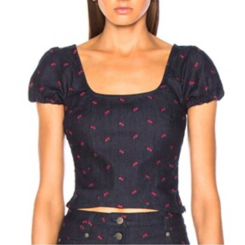 Miaou Stretch Denim Embroidered Top. Size Medium.